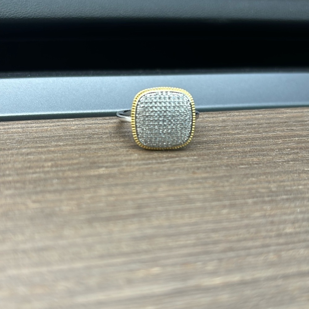 Luxe Bling faux diamonds crystals Sterling silver 18K gold tone cushion  Ring